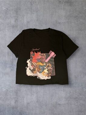Thundercar Graphic Black Crop Tee with Colorful Guitar Artwork